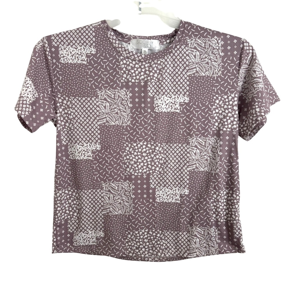 Society‎ & Stitch Patchwork Print Top XL Mauve Boho Cottagecore Crew Neck Tee